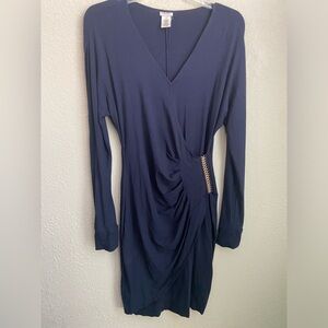 Vintage Cache Navy Faux Wrap Dress VNeck Long Sleeves with Slit Openings Size M